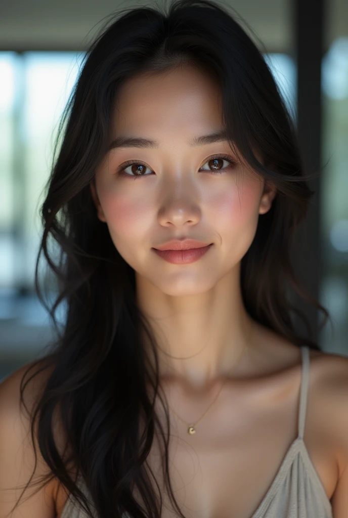 Portrait photoréaliste d'une femme de 22 ans aux cheveux noir et aux yeux marron. Elle doit avoir une expression naturelle et accessible et être éclairée par une lumière douce. Sa peau doit ressembler autant que possible à la peau humaine. L'arrière-plan doit être un intérieur moderne. Capturez cette image avec une photographie haute résolution en utilisant un objectif 85 mm pour une perspective flatteuse.