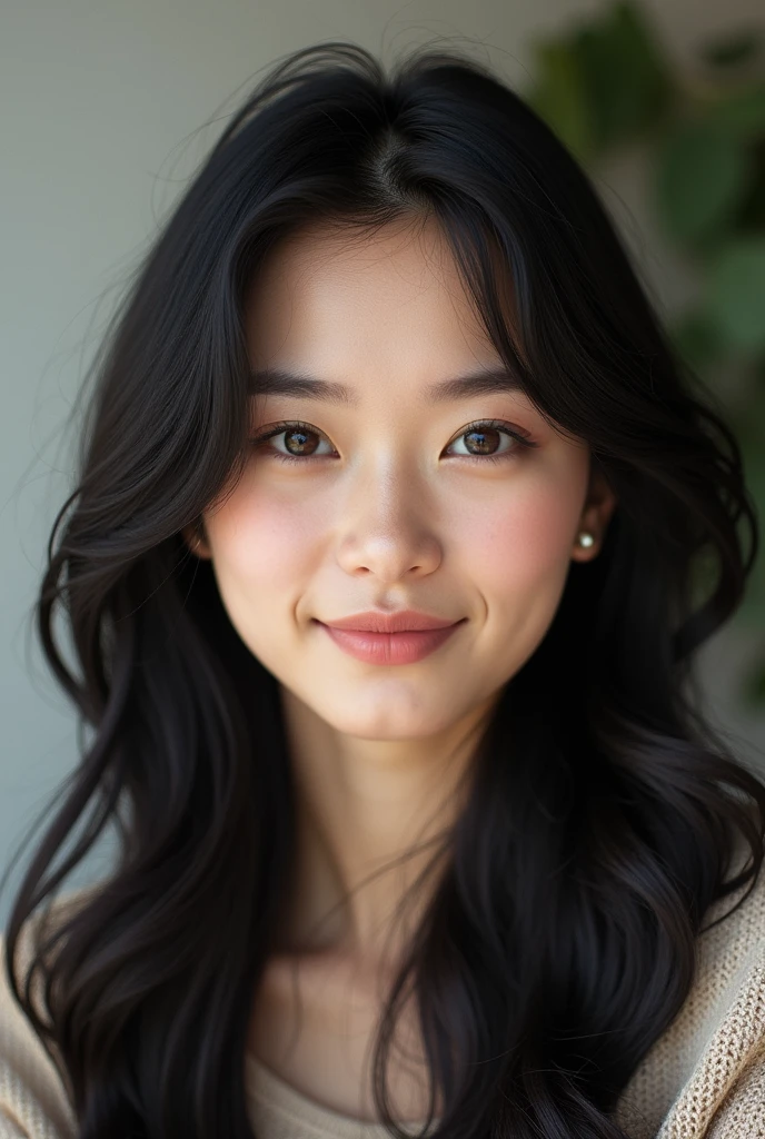 Portrait photoréaliste d'une femme de 22 ans aux cheveux noir et aux yeux marron. Elle doit avoir une expression naturelle et accessible et être éclairée par une lumière douce. Sa peau doit ressembler autant que possible à la peau humaine. L'arrière-plan doit être un intérieur moderne. Capturez cette image avec une photographie haute résolution en utilisant un objectif 85 mm pour une perspective flatteuse.