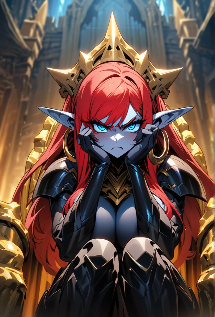 Tall goblin woman in black armor High resolution, pointed ears, Masterpiece artwork, bangss, red hair color big breasts, hoop earings, blue colored eyes, looks angry hands on face in a castle sitting on golden throne