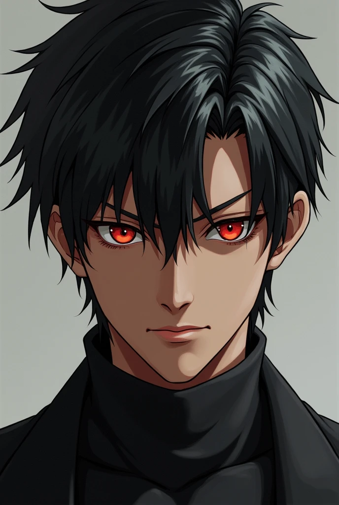 male character, . blackquality hair, short and spiky. Red eyes and brown skin