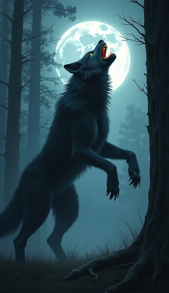 a powerful werewolf,a fearsome werewolf,a werewolf howling at the full moon,a werewolf in a dark forest,a werewolf with glowing yellow eyes,a werewolf with sharp fangs and claws,a werewolf transforming under moonlight,a werewolf prowling through the shadows,a werewolf standing on its hind legs,a werewolf surrounded by a pack,detailed muscular anatomy,cinematic lighting,dramatic contrast,dark moody atmosphere,cinematic composition,muted color palette,realistic wolf fur texture,highly detailed,8k,photorealistic,hyper detailed,masterpiece