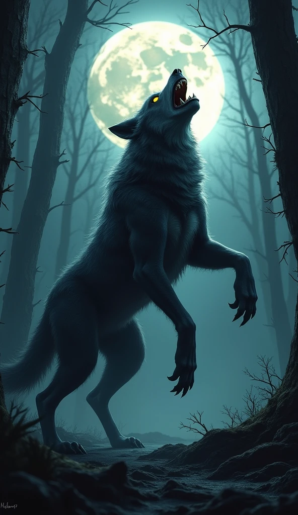 a powerful werewolf,a fearsome werewolf,a werewolf howling at the full moon,a werewolf in a dark forest,a werewolf with glowing yellow eyes,a werewolf with sharp fangs and claws,a werewolf transforming under moonlight,a werewolf prowling through the shadows,a werewolf standing on its hind legs,a werewolf surrounded by a pack,detailed muscular anatomy,cinematic lighting,dramatic contrast,dark moody atmosphere,cinematic composition,muted color palette,realistic wolf fur texture,highly detailed,8k,photorealistic,hyper detailed,masterpiece