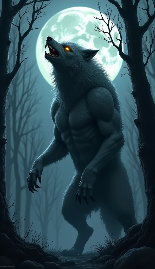 a powerful werewolf,a fearsome werewolf,a werewolf howling at the full moon,a werewolf in a dark forest,a werewolf with glowing yellow eyes,a werewolf with sharp fangs and claws,a werewolf transforming under moonlight,a werewolf prowling through the shadows,a werewolf standing on its hind legs,a werewolf surrounded by a pack,detailed muscular anatomy,cinematic lighting,dramatic contrast,dark moody atmosphere,cinematic composition,muted color palette,realistic wolf fur texture,highly detailed,8k,photorealistic,hyper detailed,masterpiece