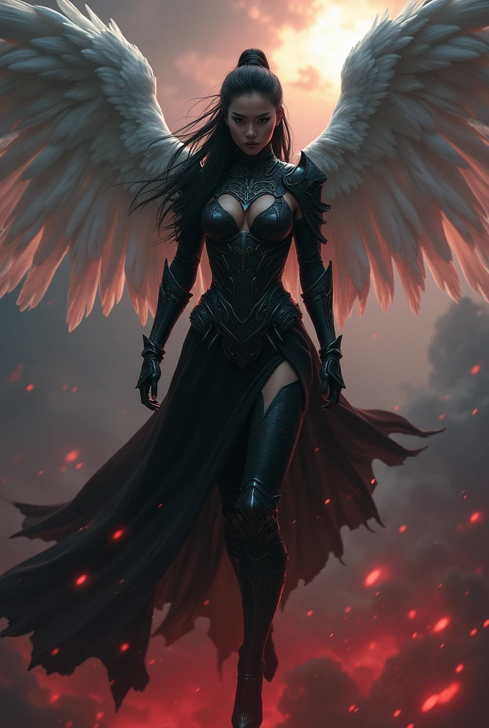 Asian woman with black eyes descending from a dark sky,with red tones,she with white wings and sexy armor generate 10 photos