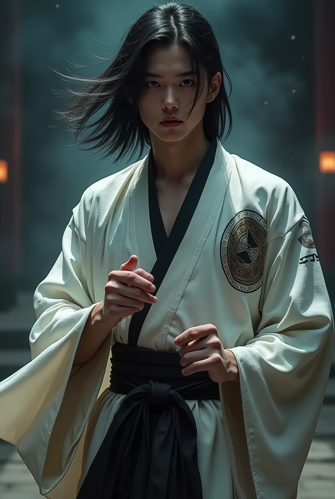 Male paranormal order character with shoulder length hair, taekwondo kimono with hand tying