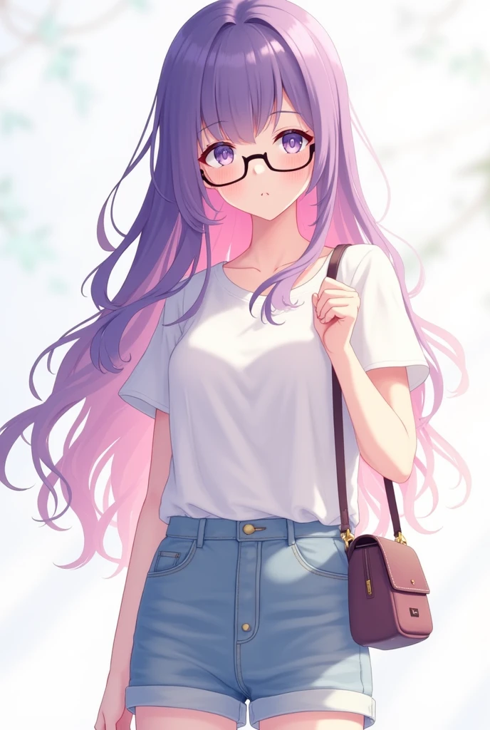 An anime girl with white skin and long purple hair mixed with pink . She is wearing a white top and a jean short .she is wearing glasses . She has a bag