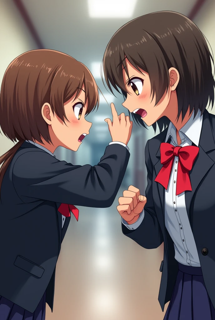 I want an image of a girl in a school uniform with brown skin and straight brown hair and brown eyes and even boys with brown hair and brown eyes and in a school uniform (I want the image to show the girl in uniform slapping the boy in uniform in the face, with the girl's hand on the boy's face like a real slap, and the boy looking angry.)