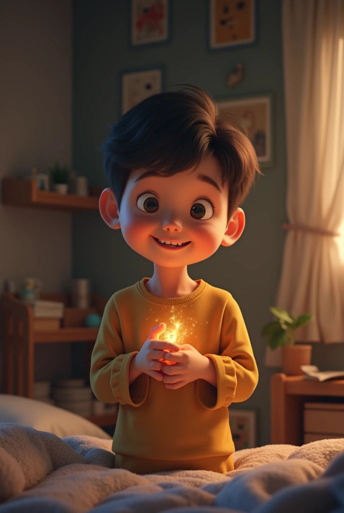 Child from a distance in his room holding an object with his hands, he looks happy 
