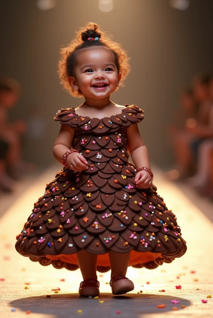 Create a scene in which a smiling and adorable  girl is wearing a dress made with chocolate brigadeiro party sweets inside the brigadeiro plates, the brigadeiros with decodo confetti in relief, and on the babyead an ornament of chocolate brigadeiros decorated with confetti inside the brigadeiro plates, in relief and parading on the catwalk, ultra realistic 4k moving camera