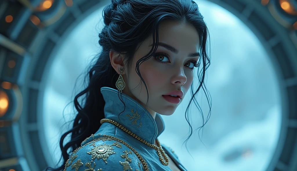 (Masterpiece.Uhd. Photorealistic) (full body) an ultra hot gorgeous woman. Age 23. Epic cleavage (100e breast size) ((she’s a dieselpunk ice queen)), beautiful detailed eyes, beautiful detailed lips, extremely detailed face, long eyelashes, elegant high-collared dress, ornate armor plates, cold blue-white lighting, metallic accents, atmospheric, cinematic, dramatic, volumetric lighting, intricate details,