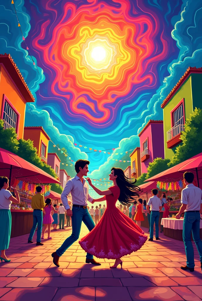 Make a cartoon, of a couple dancing cumbia at a party in a CDMX neighborhood with a beautiful psychedelic sky