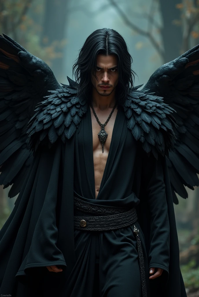 A man, half-celestial, black hair, tan skin, dark clothing, full body, feather-like hair, cloak, raven-like, dark vibes, (best quality,4k,8k,highres,masterpiece:1.2),ultra-detailed,(realistic,photorealistic,photo-realistic:1.37),dark fantasy,dramatic lighting,cinematic,dramatic composition,moody atmosphere,intricate details,chiaroscuro,high contrast