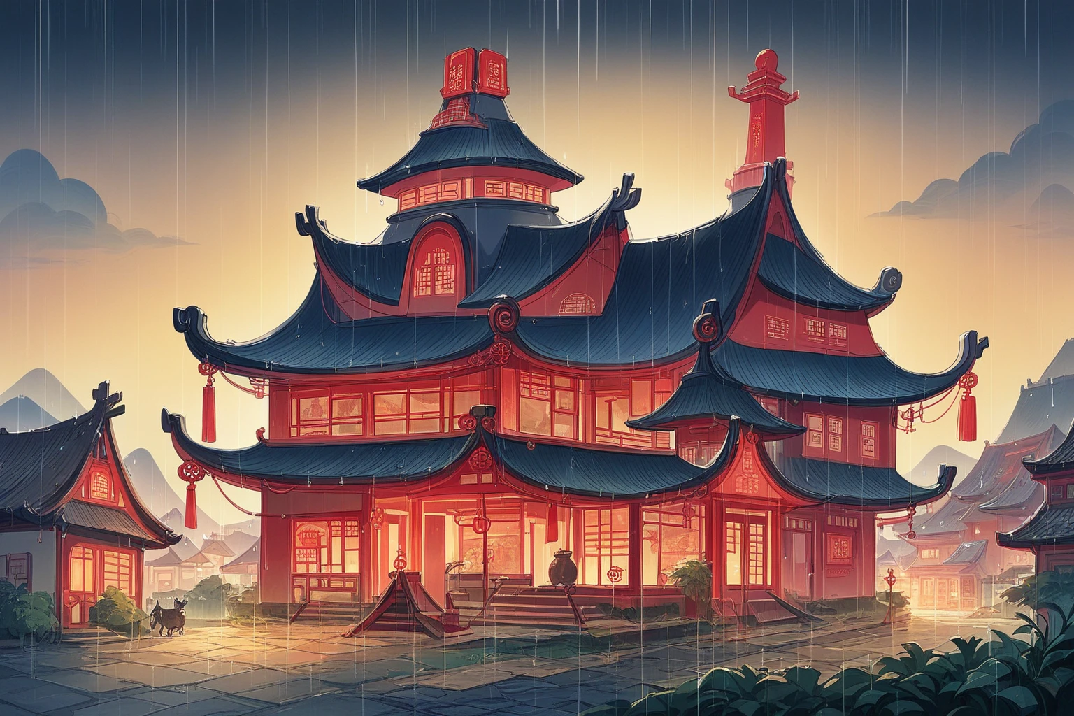 arafed view of a village with a lot of lights on the buildings, dreamy chinese town, chinese village, amazing wallpaper,chinese town, chinese village, hyper realistic photo of a town, old asian village, japanese city, by Raymond Han, rainy evening, cyberpunk chinese ancient castle, beautifully lit buildings, at evening during rain, beautiful and aesthetic, photography, cinematic, 8k, high detailed