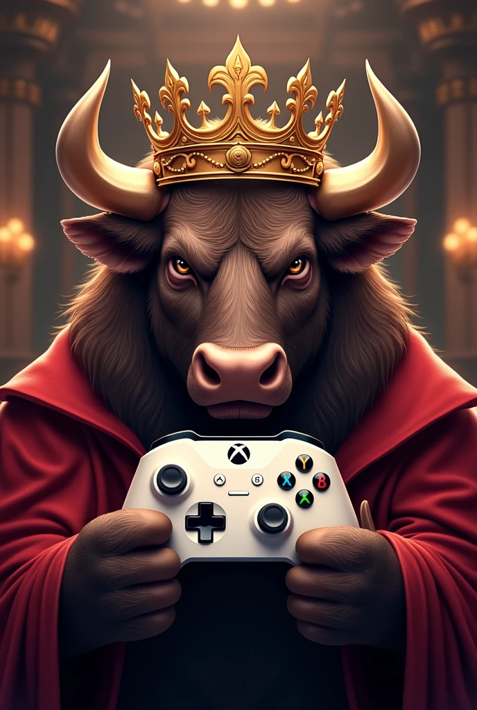 (Logo salle de jeux Royal game): toureau qui porte manette Xbox x et couronne royal