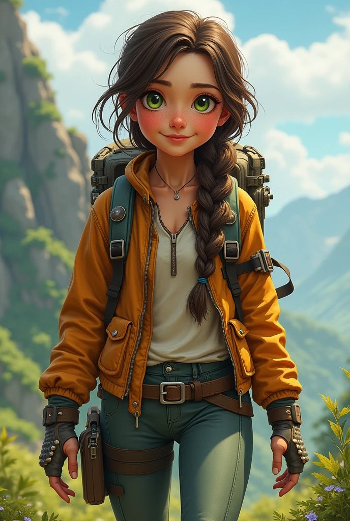 (masterpiece, Best quality:1.2), ((Best quality,4K,a high resolution,masterpiece:1.2)),((character concept art)), Young, energetic explorer in the post-apocalyptic world, where nature has reconquered the land. She has long ones, wavy brown hair, braided into a loose braid, and bright green eyes, reflecting her passion for adventure. She wears light, but durable clothing: jacket made from recycled fabrics, tight pants and sturdy boots. On her hands are gloves with cute, but functional pockets for tools. Ella always carries a multifunctional backpack with her., filled with survival essentials and a notebook, where she records her observations about the world. Her confident posture and smile give her a charismatic look., and small tattoos on her wrists highlight her independent spirit and love of freedom.
