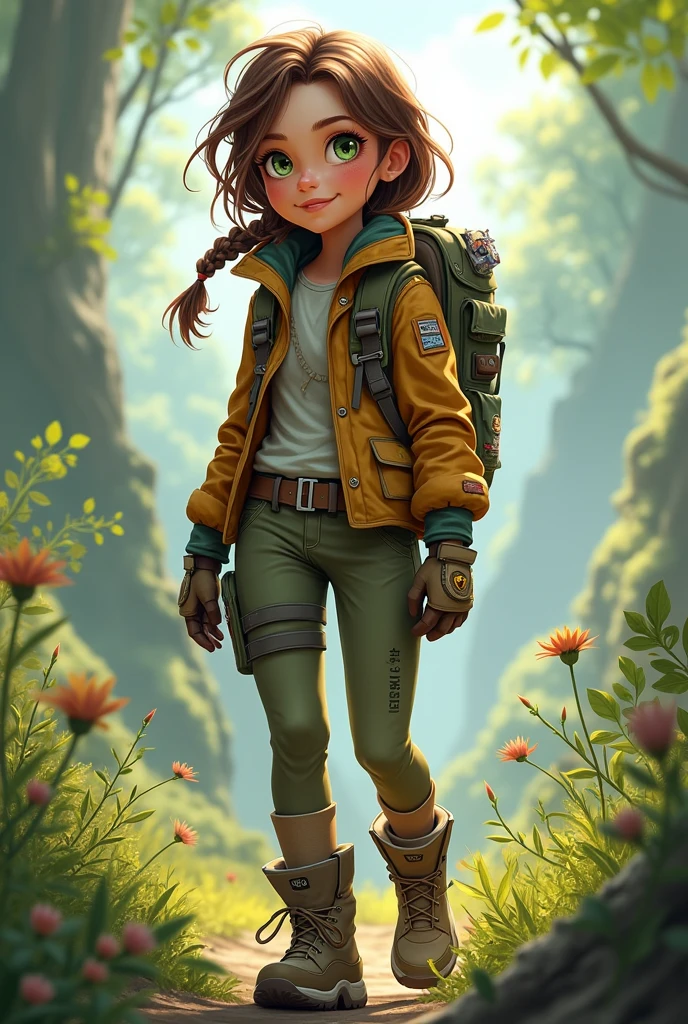 (masterpiece, Best quality:1.2), ((Best quality,4K,a high resolution,masterpiece:1.2)),((character concept art)), Young, energetic explorer in the post-apocalyptic world, where nature has reconquered the land. She has long ones, wavy brown hair, braided into a loose braid, and bright green eyes, reflecting her passion for adventure. She wears light, but durable clothing: jacket made from recycled fabrics, tight pants and sturdy boots. On her hands are gloves with cute, but functional pockets for tools. Ella always carries a multifunctional backpack with her., filled with survival essentials and a notebook, where she records her observations about the world. Her confident posture and smile give her a charismatic look., and small tattoos on her wrists highlight her independent spirit and love of freedom.
