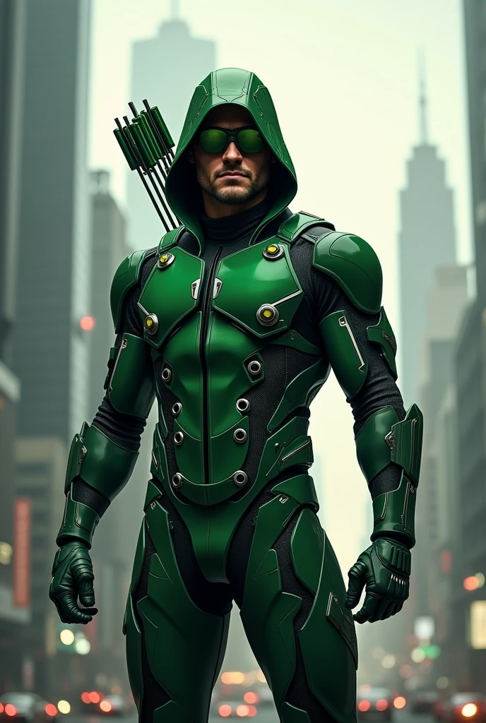 An image of the superhero Arrow and an image of Ray Palmer's Atom merged together