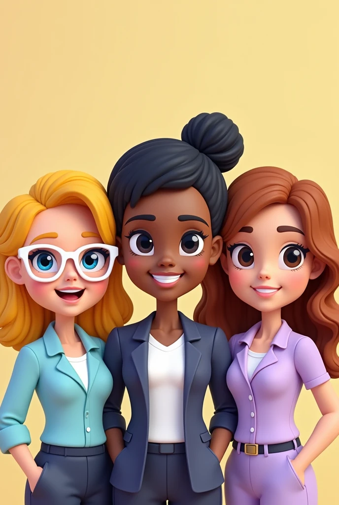 create three white teacher avatar dolls together, happy in bitmoji style. A teacher has blonde hair blue eyes big hair, of blond and straight color, she wears white-framed glasses, only the teacher who is blonde has blue eyes, the others have brown eyes. A white-skinned teacher has black hair, Medium & Smooth, She wears glasses and black eyes, she dresses and behaves elegantly. The one with blonde hair and the one with black hair dress the same, same outfit. A third very white teacher, shoulder length reddish brown wavy hair Brown eyes and very sweet and gentle, lilac clothing, doesn&#39;t wear glasses. 
