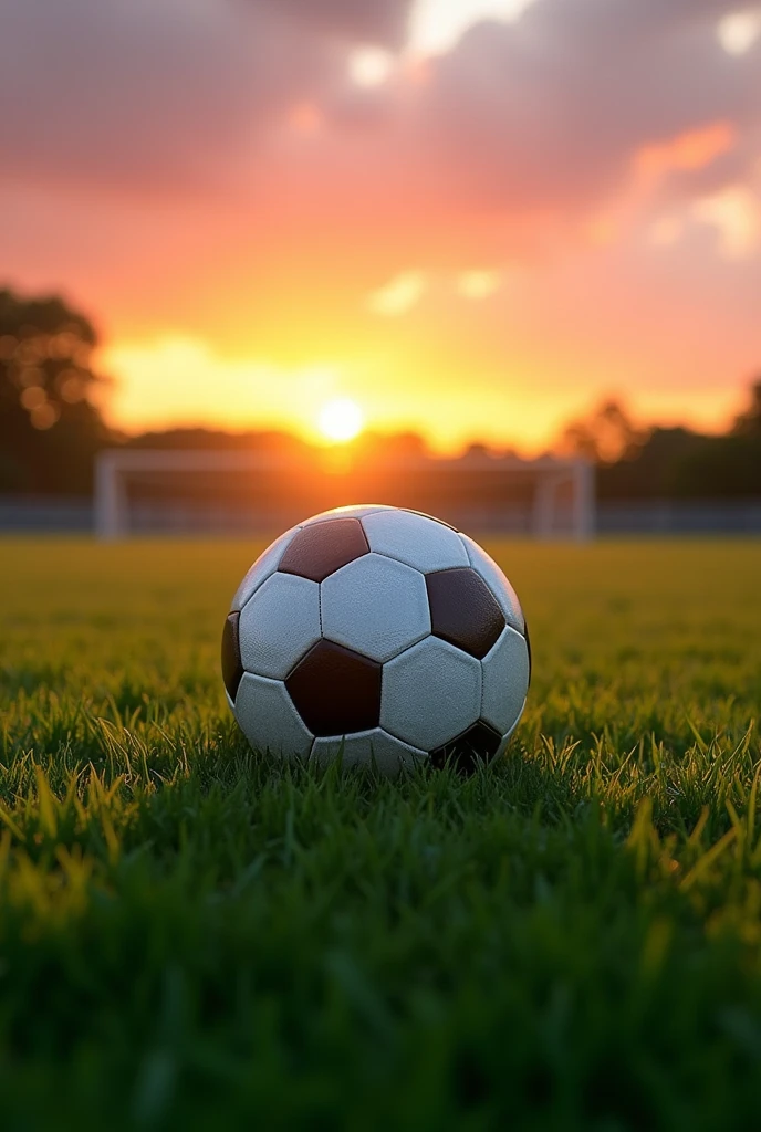 soccer ball on a field, sunset