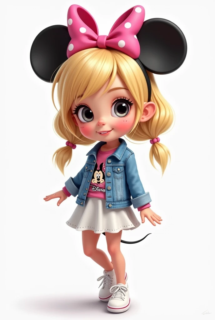 digital airbrush, 3d, realistic clipart: blonde pretty girl with pink bow with dots white shaped ears minnie mouse in head, denim jacket with print disney, skirt white and sneaker white,Funny Clipart, full body, digital illustration, comic style, perfect anatomy, centered, dynamic, detailed, artstation, concept art, smooth, sharp focus, illustration, beautifull eyes, vivid colors, beautiful cute smile
