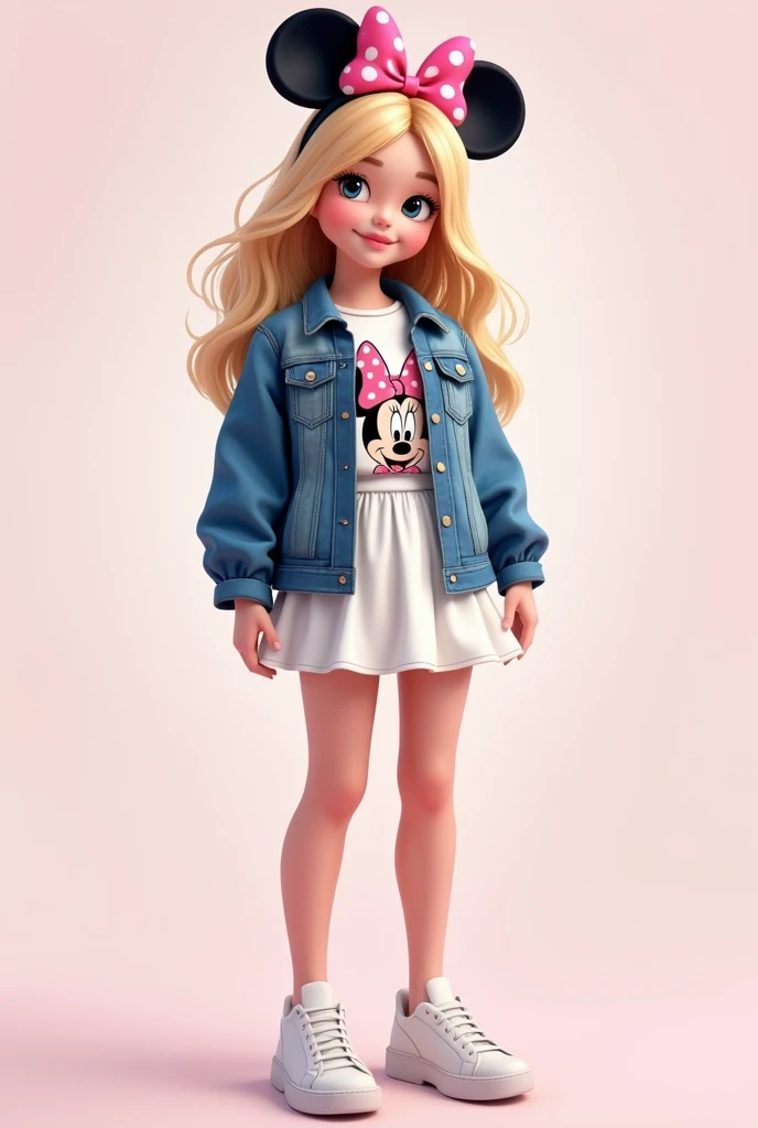 digital airbrush, 3d, realistic clipart: blonde pretty girl with pink bow with dots white shaped ears minnie mouse in head, denim jacket with print disney, skirt white and sneaker white,Funny Clipart, full body, digital illustration, comic style, perfect anatomy, centered, dynamic, detailed, artstation, concept art, smooth, sharp focus, illustration, beautifull eyes, vivid colors, beautiful cute smile

