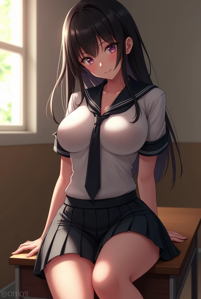 (masterpiece), (Highest quality), (high resolution), 1girl, , , bare breasts, bare belly button, small breasts, nipples, blouse, uniform, frilled skirt, classroom, sitting, black hair, middle hair, straight hair