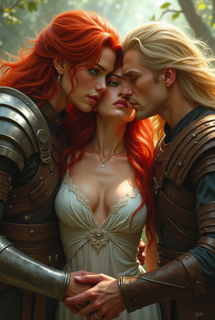 a beautiful female warrior with red hair and green eyes, in a love triangle with two male warriors, one with long red hair and caramel skin he looked her with love and the other with short blond they seduce her and she is confused who wants