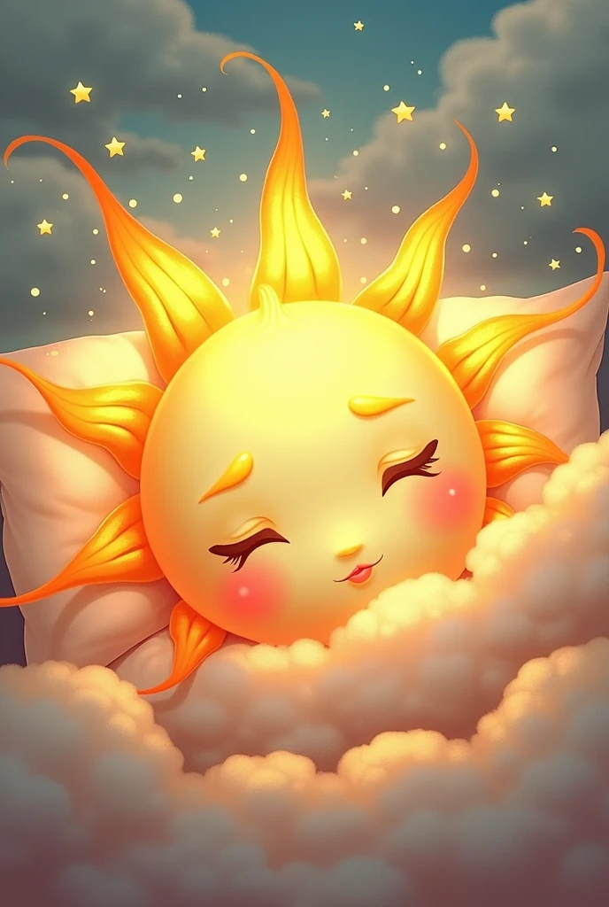 Drawing of a sun lying on a bed sleeping 
