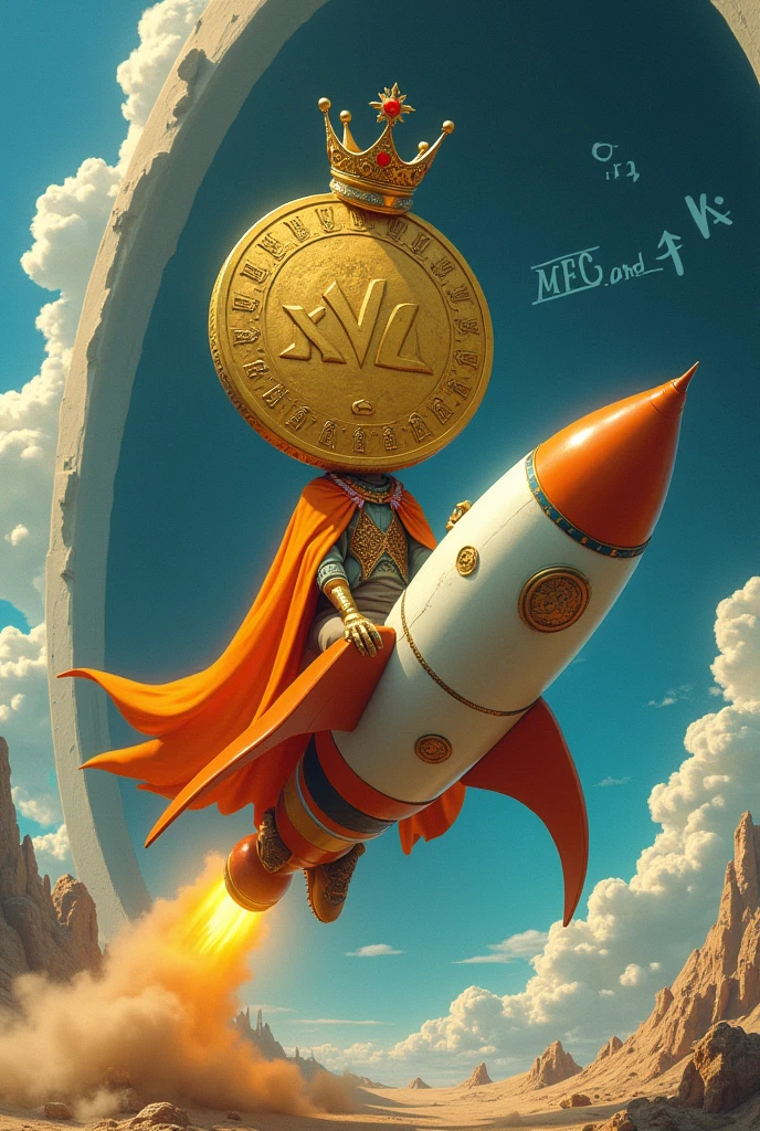 A king who has a big head and looks like a coin and has a beautiful crown and dressed an orange rides a rocket and enters a planet whose entrance is written with "dark blue" alphabet: "MEXC"