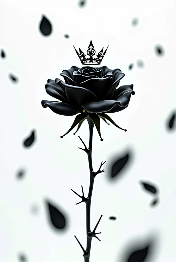 A black rose with a thorny stem floating with a crown on top of it, the background is white with blurred black petals falling