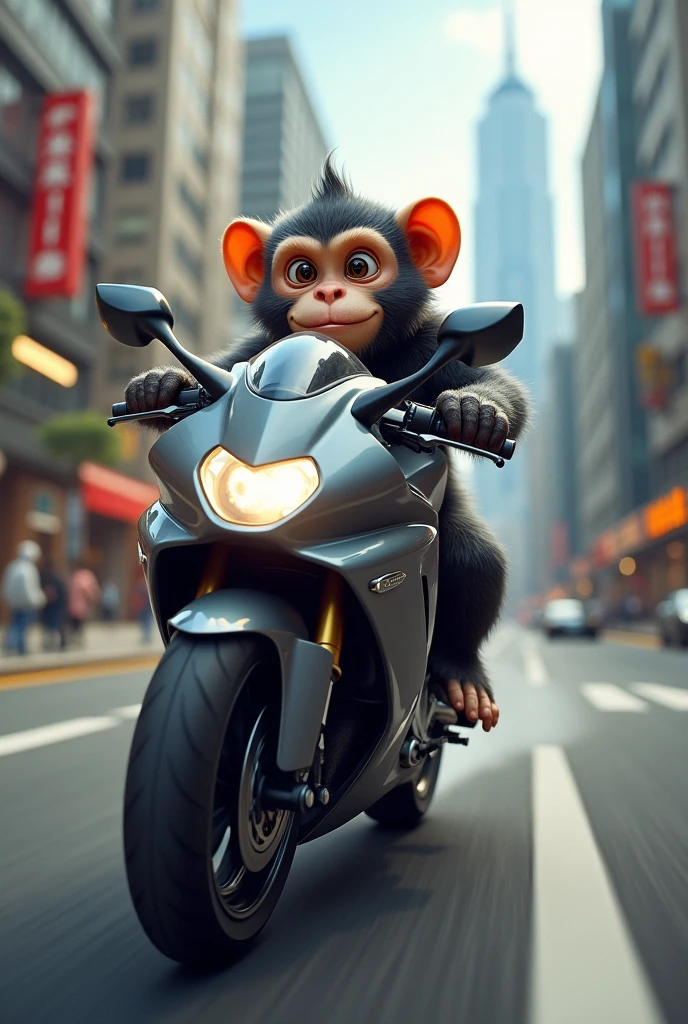 Monkey riding a gray motorcycle