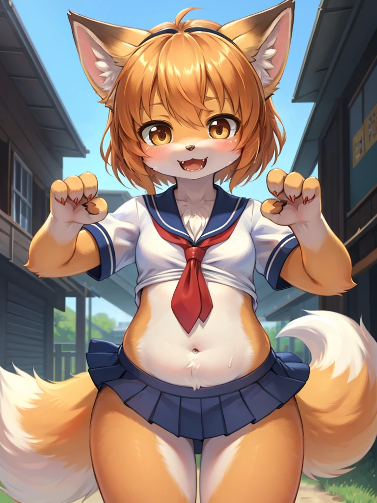 Renoir style , Childish fox girl, relaxed school uniform, roar , claw pose , (navel exposed:0.8) , front view , moist thin eyes , Jump and pounce , I'm not confident in my chest