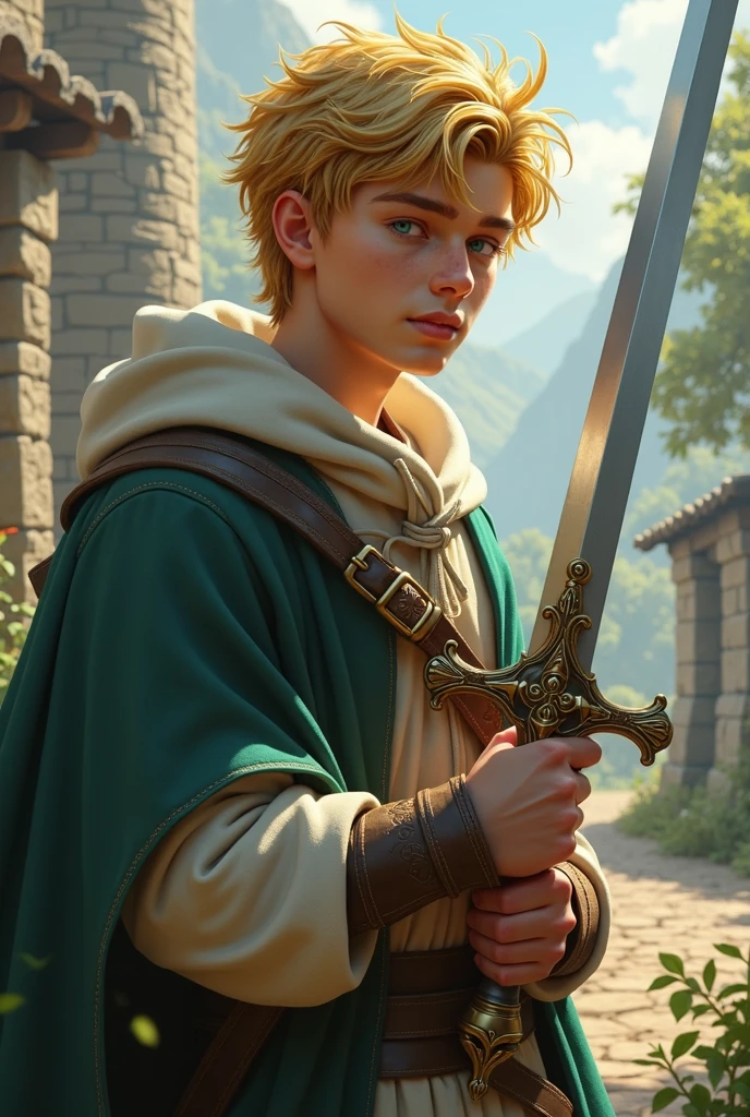 Young man with blond hair and green eyes, wears casual medieval clothing, holds a holy sword, He has a determined look and also a gentle expression for being young. 