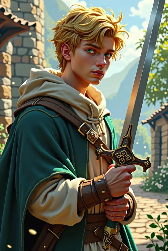 Young man with blond hair and green eyes, wears casual medieval clothing, holds a holy sword, He has a determined look and also a gentle expression for being young. 