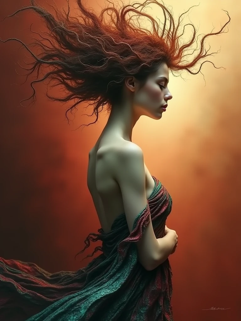 Create an abstract, surrealist image of a side-profile feminine figure with porcelain skin, visible from mid-thigh upward. The figure has a toned, slender body with an elegantly curved back, holding the edge of a textured, flowing garment made of red and turquoise scales. The serene face is in profile, with closed eyes and subtle facial features. The head is adorned with dynamic, abstract elements resembling hair or a headdress, transitioning from dense to sparse as they burst outward. The background is a warm gradient, shifting from dark crimson to soft golden hues, enveloping the figure in a blend of warm tones.