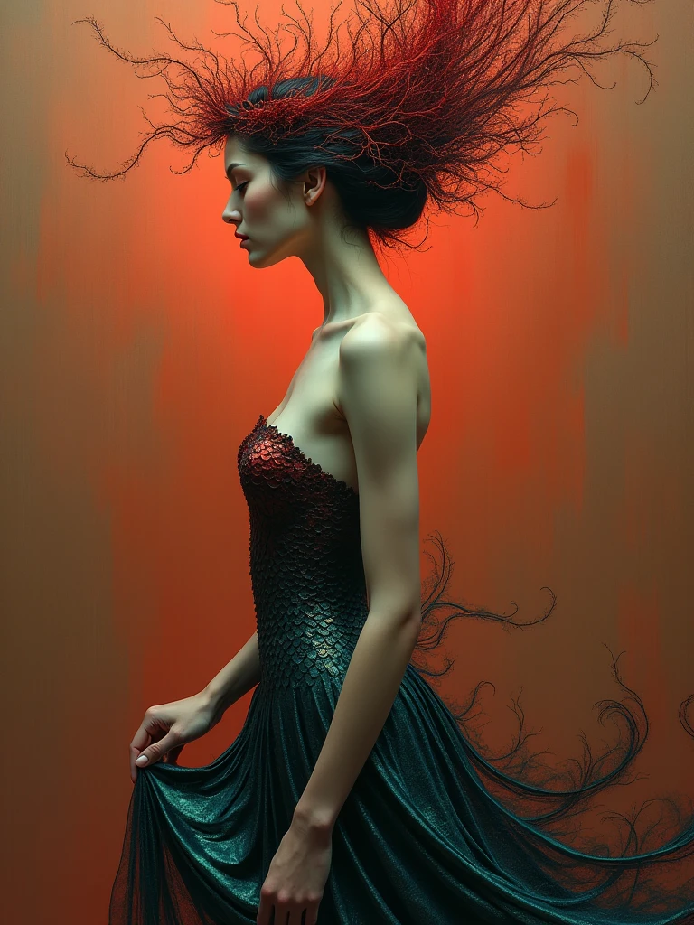 Create an abstract, surrealist image of a side-profile feminine figure with porcelain skin, visible from mid-thigh upward. The figure has a toned, slender body with an elegantly curved back, holding the edge of a textured, flowing garment made of red and turquoise scales. The serene face is in profile, with closed eyes and subtle facial features. The head is adorned with dynamic, abstract elements resembling hair or a headdress, transitioning from dense to sparse as they burst outward. The background is a warm gradient, shifting from dark crimson to soft golden hues, enveloping the figure in a blend of warm tones.