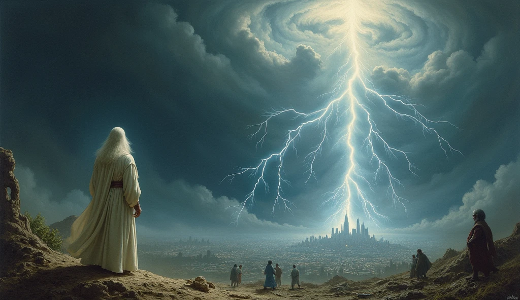 A painting of a dark and stormy landscape with a city in the background. The sky is filled with dark clouds and lightning is striking the ground. There are people in the city, some are running and some are standing still. The ground is covered with debris. In the foreground, there is a figure with a white robe and a beard, possibly God, raining down lightning.