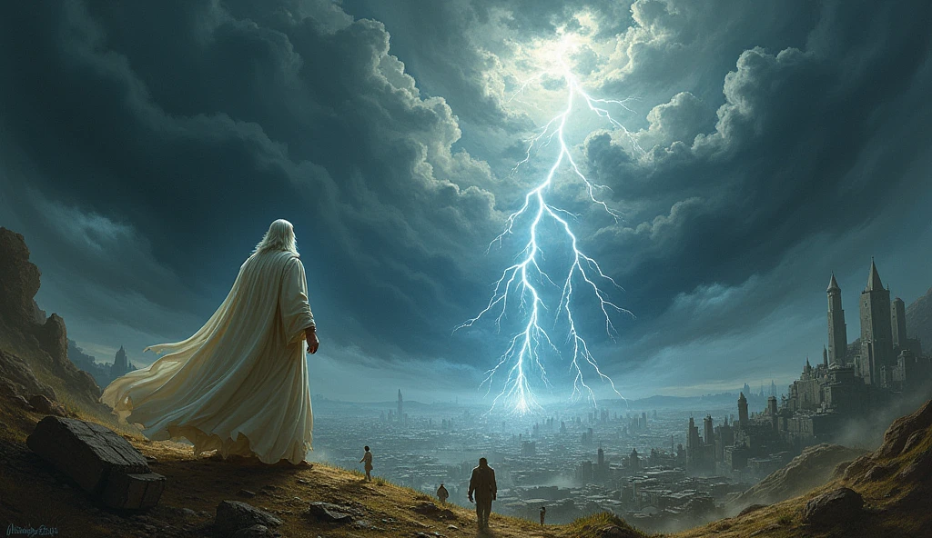 A painting of a dark and stormy landscape with a city in the background. The sky is filled with dark clouds and lightning is striking the ground. There are people in the city, some are running and some are standing still. The ground is covered with debris. In the foreground, there is a figure with a white robe and a beard, possibly God, raining down lightning.