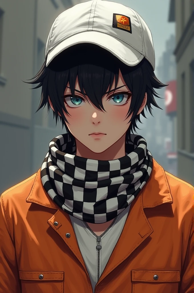 A male free fire character with a white cap, blue eyes, black hair, a black checkered scarf, and an orange prisoner shirt