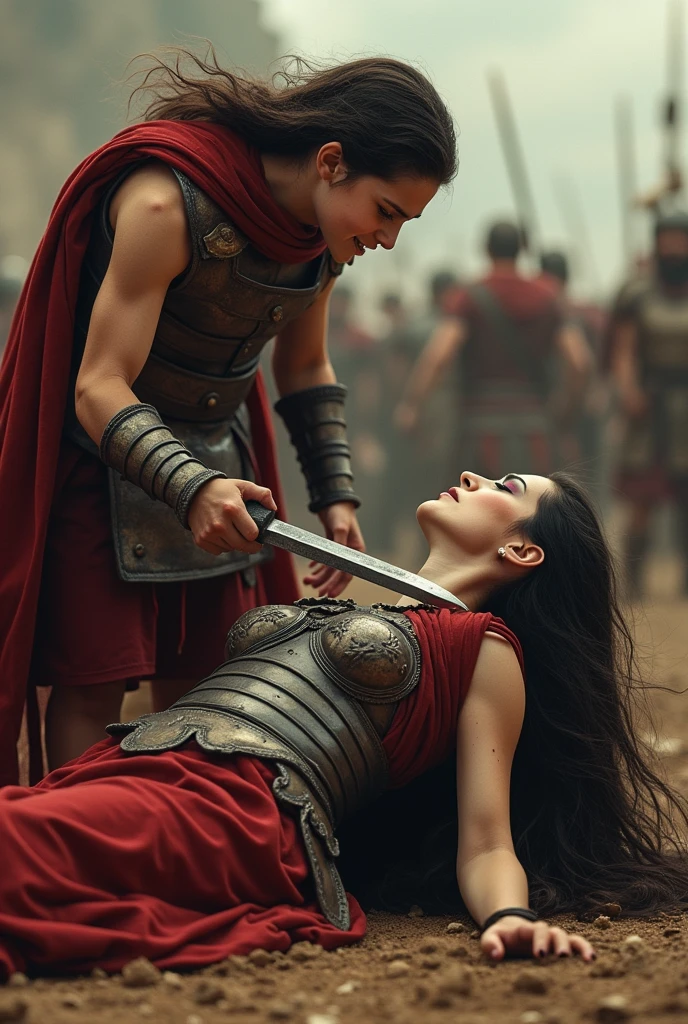 Realism, super quality, action battle photo style, defeated woman standing on her knees, boy is holding the the tip of the sword against woman's throat, stabbing her throat, her head is thrown back, woman has large masculine Adam's apple, (woman is a 30-year-old warrior, feminine face, gothic makeup, pale skin, long hair) (boy is 12-years-old) roman empire fight