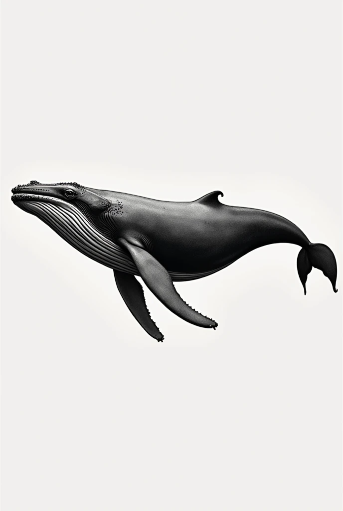 Create a realistic arm tattoo of a humpback whale swimming calmly in black and white