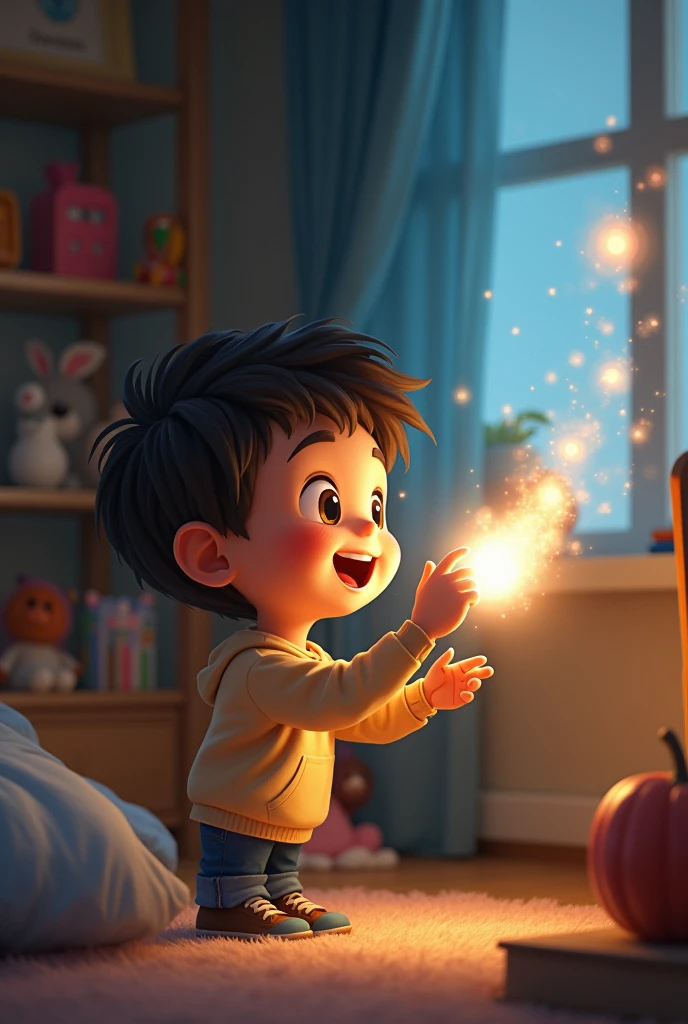 child in his room holding an object with his hands. He is pointing the toy at the wall. as if it were a projector. he looks happy