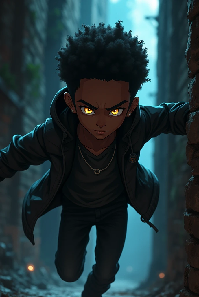 a Afro-American yong boy, yellow eyes, mischievous expression, wearing black clothes, detailed facial features, sharp features, infiltrating rogue clothes, moody lighting, dramatic shadows, cinematic composition, dark fantasy, muted color palette, anime art style
