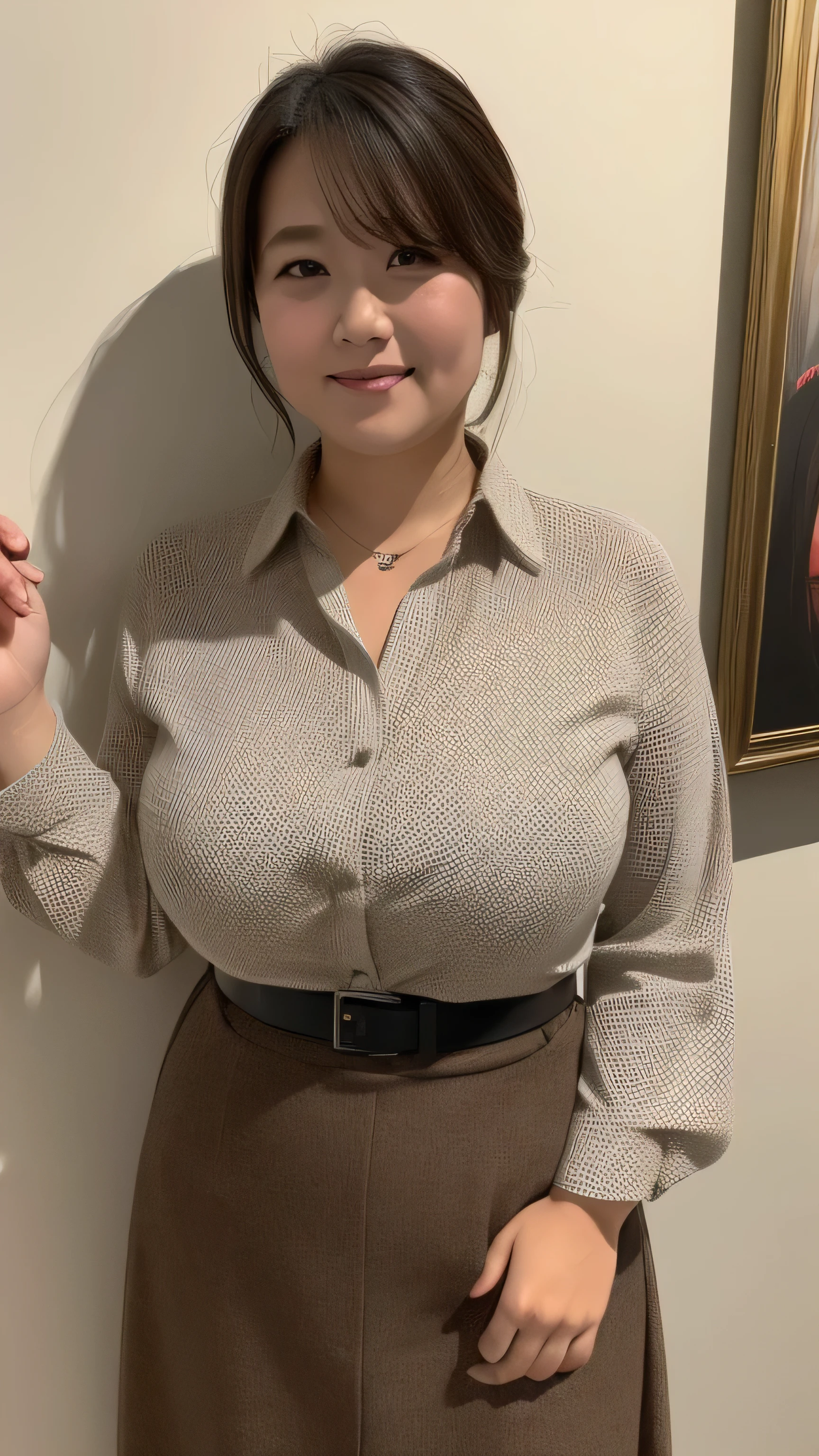 ((Highest quality, 8k, masterpiece, Portraiture: 1.3)), (Observe the audience), (Full Shot:0.85), 魅力的なビジネスのMature Woman, 1 person, A little chubby:0.15,((Light brown medium length))、 White collared shirt, Grey Skirt,Big Breasts,(Large pelvis:0.6), smile:0.2, president'office,Good posture、(((Mature Woman))), (((5)))evening、薄暗いofficeで、A gentle smile、A captivating gaze、