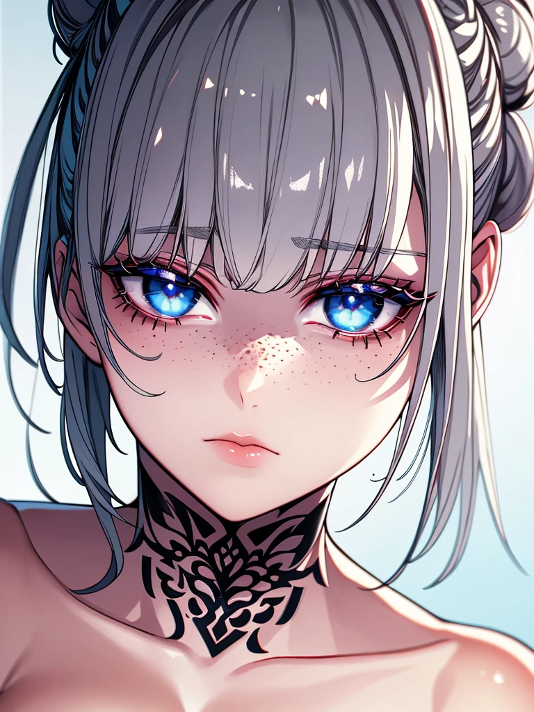 ((masterpiece)), ((ultra-detailed)), ((best quality)), ((intricate details)), ((chromatic aberration)), 1girl, hair bun, blunt bangs, makeup, black eyeliner, eyelashes, looking at viewer, silver hair, blue eyes, freckles, tattoo, breasts, (two-tone hair:1.2), expressionless,