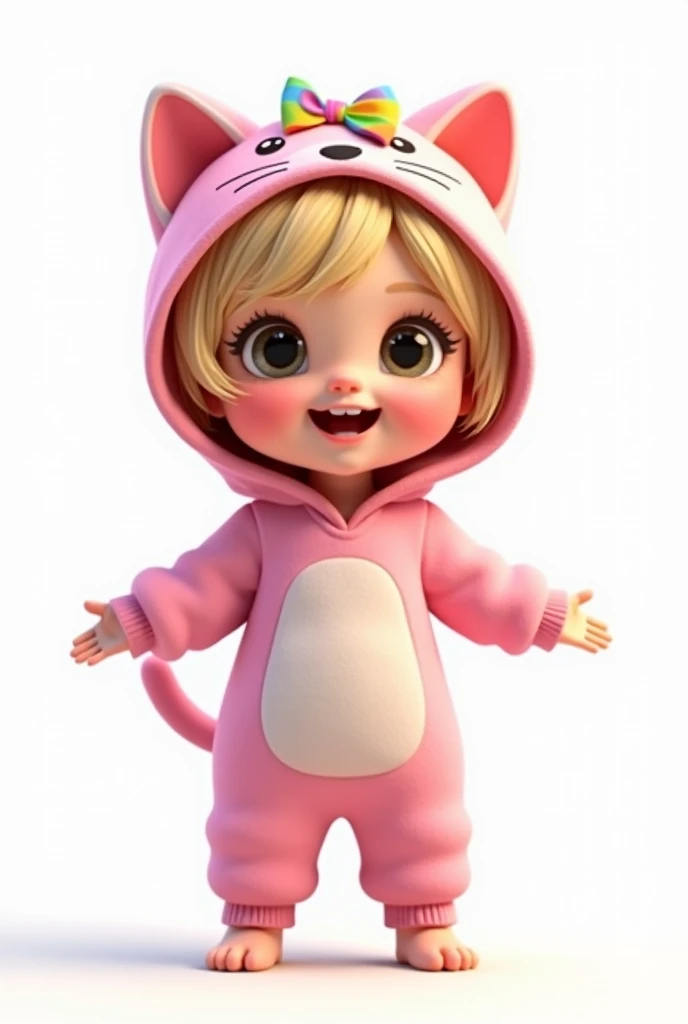 illustration, whimsical, 3d pixar, exuberant, girl baby, blonde hair, outfit moletom jumpsuit pink cute cat, with hood, bratz, pastel bow rainbow in hair, center photo, white background, smiling