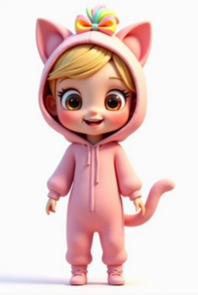 illustration, whimsical, 3d pixar, exuberant, , blonde hair, outfit moletom jumpsuit pink cute cat, with hood, bratz, pastel bow rainbow in hair, center photo, white background, smiling
