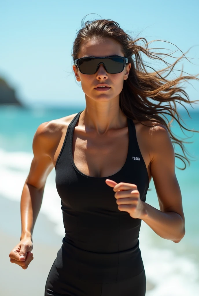 Photo taken at an angle of a sporty girl running in a tank top outside by the sea. The photo is very natural because she doesn't know that someone is taking a picture and taken from 10 metres away. It's very hot, she's sweating and suffering , and she's wearing a cap and cycling glasses like a professional. You can see her bewitching natural form. Brown hair, Sexy and athletic body, Eyeliner, Face with features of Italian origin, Sexsimbol. 8k, masterpiece, RAW photography, top quality, photorealistic, highly detailed Unity 8k CG wallpaper. Use advanced rendering techniques to ensure maximum realism, including detailed textures on her skin, eyes, and hair.