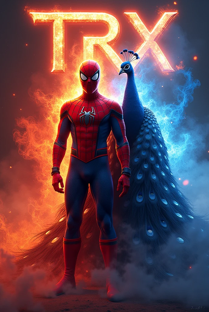 An Image with a spider man and a peacock with both in red and blue fire and TRX written in golden red Font in background 