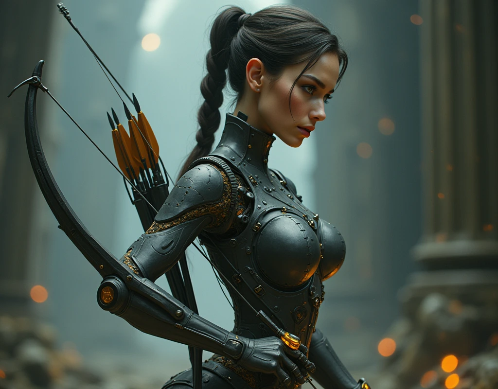 a beautiful young woman, disguised as a centaur, she has a sophisticated artificial centaur lower body attached to her waist, bow and arrow, sensual, her own lower body is also disguised as a horse's forelegs, a sophisticated centaur torso, hind legs and tail continue from the back of her body